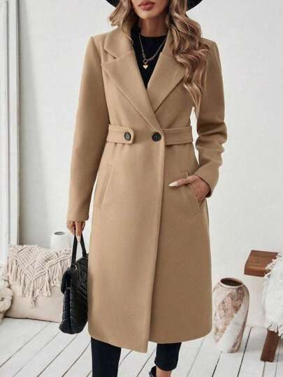 Women's Autumn And Winter Casual Lapel Camel Belt Jacket