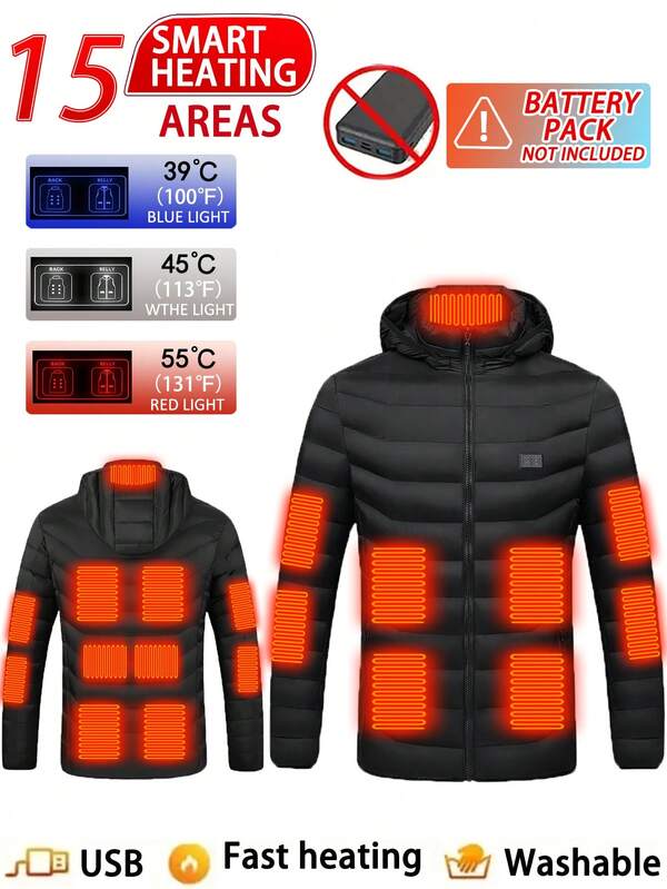 Veste décontractée pour hommes de couleur unie à manches longues, vêtement thermique à chauffage 15 zones à double commande, veste chauffante à capuche résistante au froid