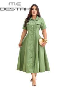 Women's Midi Dress Sensory Tailoring Gold Buttons Elegant Shirt Collar Short Sleeve - 水綠色 - 查看 2