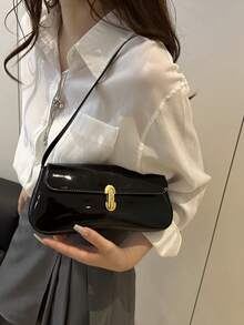 SHEIN ICON Women's Vintage Faux Oiled Leather Flap Decor One Shoulder Underarm Bag, Suitable For Dating, Outing, Party - Black - View 2