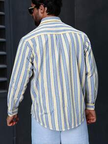 Camisa de Manga Larga de ALgodon con Poliester Amarilla con Azul Corrugada - Azul y blanco - Ver 3
