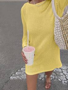 女式黄色小鸡休闲简约优雅清爽海滩度假性感镂空透视长袖罩衫和短裙，春夏 - 黃色 - 查看 5