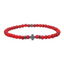 New Men's 4mm Black Obsidian Cross & Volcanic Stone, Turquoise Beaded Bracelet