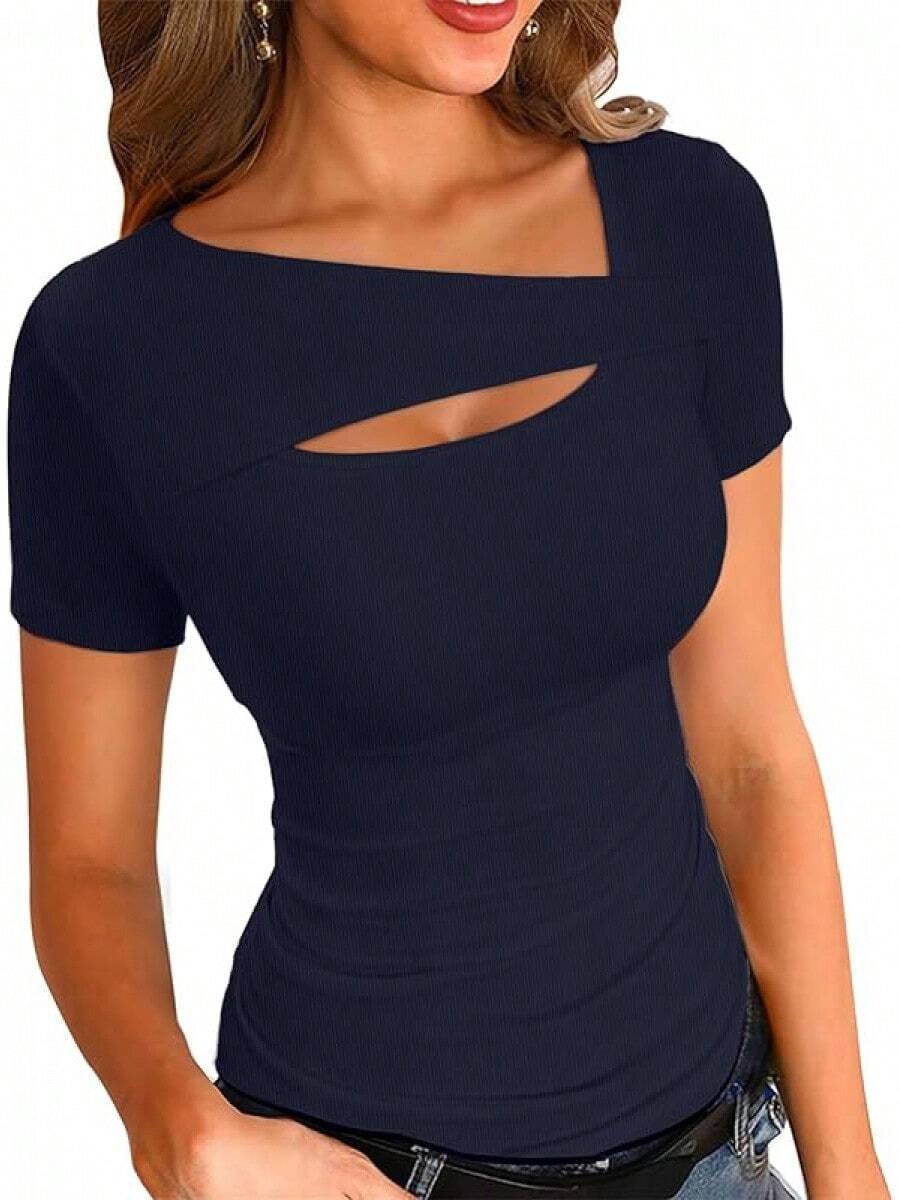 Womens Fashion Fall Cutout Long Sleeve Ribbed Slim Fitted Tops Shirts Tee Tshirts - 短版海軍藍 - 查看 1