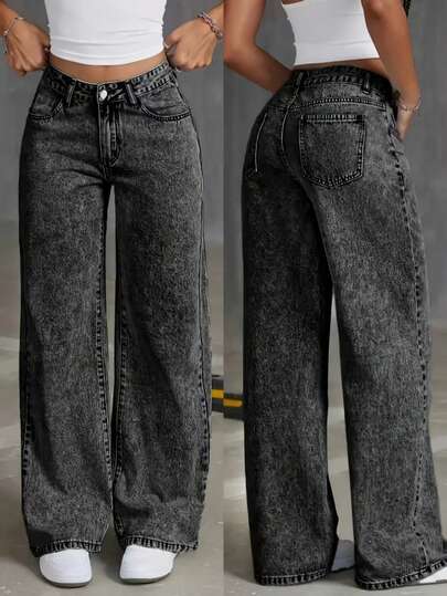 Women's Black & Gray Korean Style Design Wide Leg Jeans