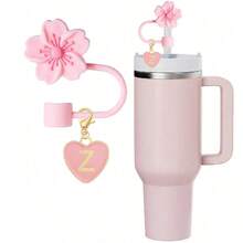 2 件/套心形和字母花卉可重复使用吸管盖，粉色杯字母标记，以及硅胶花卉吸管盖，适合 10 毫米大直径吸管，现代简约玻璃杯的可爱字母配件