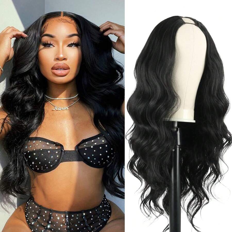 Body Wave V Part Wig Glueless Synthetic Long Wavy Wigs Upgrade U Part Wigs For Black Women Clip In Thin Part V Shape Wig Hair Extensions 24inch - 黑色 - 查看 1