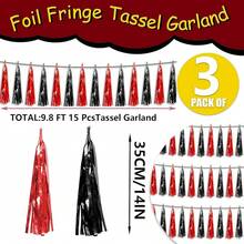 3P Metallic Fringe Tassel Banner Garland Foil Tinsel Streamer Wall Hanging Curtain Backdrop Banner For Parade Floats, Graduation Decorations, Father's Day Party Decoration(Silver)Halloween Christmas New Year - 黑色紅色 - 查看 2