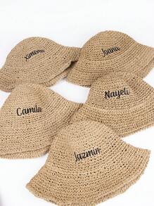 1 Pc,Embroidered,Bride Straw Bucket Hat |Back To School,Beach Bachelorette Accessory, Bridal Headwear, Bach Party Decorations, Bridesmaid Gift, Wedding Cap Brown - Multicolor - View 7