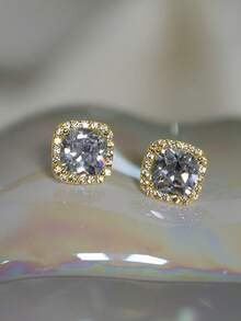 Nooxian 2 件白色方晶锆石方形耳钉，闪亮男士水钻耳环 - 金黃色 - 查看 2