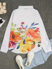 女士花卉印花口袋长袖休闲衬衫 - 彩色 - 查看 2
