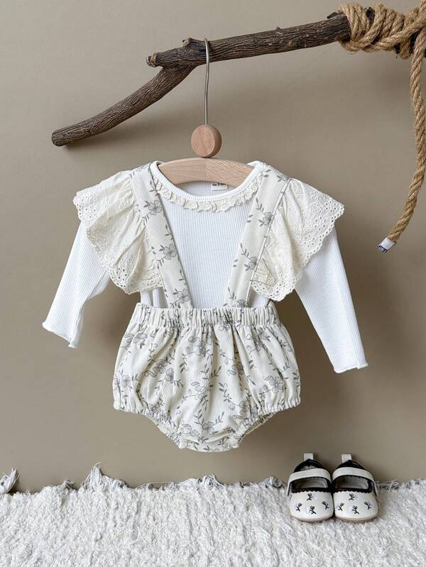 2pcs/Set Newborn Baby Girl Sweet Floral Lace Long Sleeve T-Shirt & Bib Overall Romper, Spring/Autumn