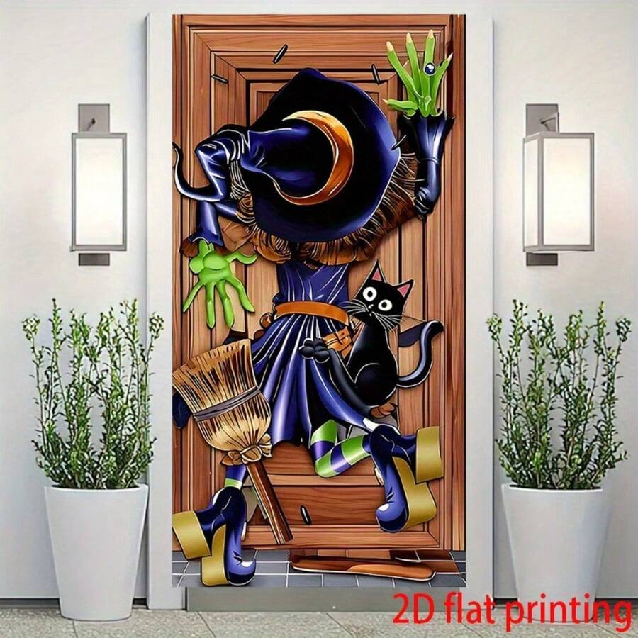 Banner Latar Belakang Tema Penyihir 2D Datar 1 buah, Desain Kucing Hitam, Cocok untuk Dekorasi Pintu Pesta Halloween, Kain Poliester, 2D Datar - 1 buah - View 1