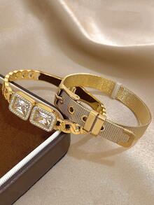 Juego de brazaletes de lujo chapados en oro de 18 quilates de malla de acero inoxidable con circonita para mujeres, regalo para mamá, regalo para maestros, joyería para verano, playa, joyería bohemia, accesorios para rave/baile de graduación/fiesta/diario, regalo de vuelta al colegio, regalo de cumpleaños, regalos de dama de honor, regalos de Navidad - Multicolor - Ver 2