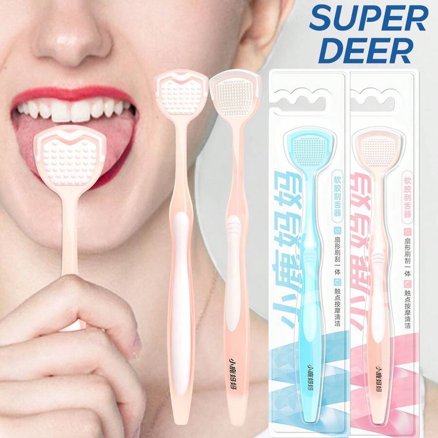 Fawnmum Super Deer Double-Side Tongue Cleaner Brush Soft Silicone Tongue Coating Scraper For Fresh Breath Oral Hygiene Care Tool Pink 1pc