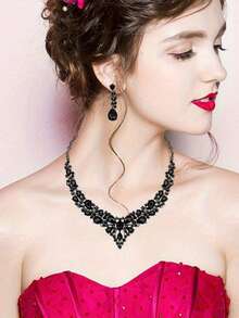 3pc [Artificial Crystal Jewelry] Artificial Crystal Bridal Jewelry Set | Necklace Earrings | Wedding Party Costume Accessories Ladies Gift - 黑色 - 查看 2