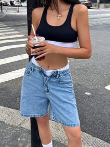 Women's Solid Color Patch Pocket Loose Bermuda Denim Shorts - Light Wash - View 6