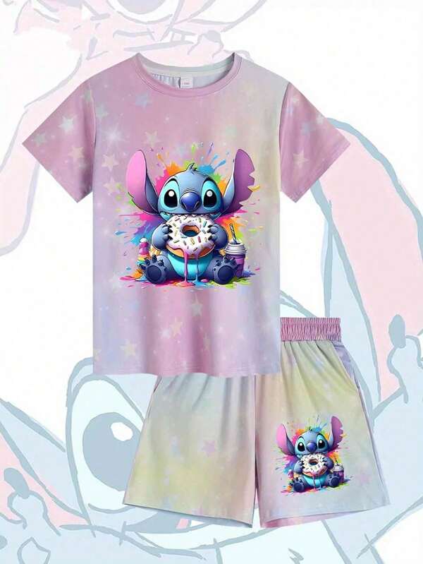 Disney Stitch Pattern Summer  Set, Versatile And Casual, Fashionable Clothing For Teenagers, Gradient Details, Suitable For Outdoor Leisure Camping
