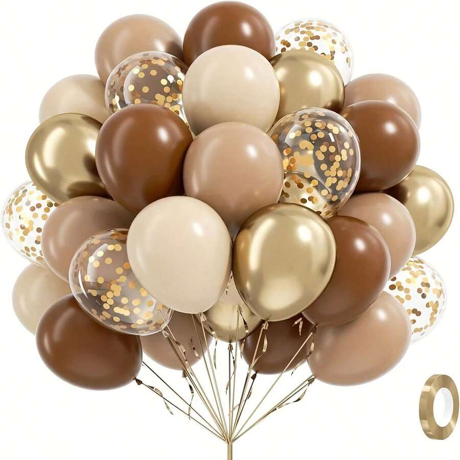 Conjunto com 41 balões de látex retrô marrom, nude fosco, bege vintage, dourado metálico e dourado brilhante, adequados para festas de aniversário, despedidas de solteira, dia dos namorados, decoração de casamento, formatura, Halloween, Natal e outras decorações internas e externas de feriados. Decorações de aniversário e festas. - Castanho - Ver 1