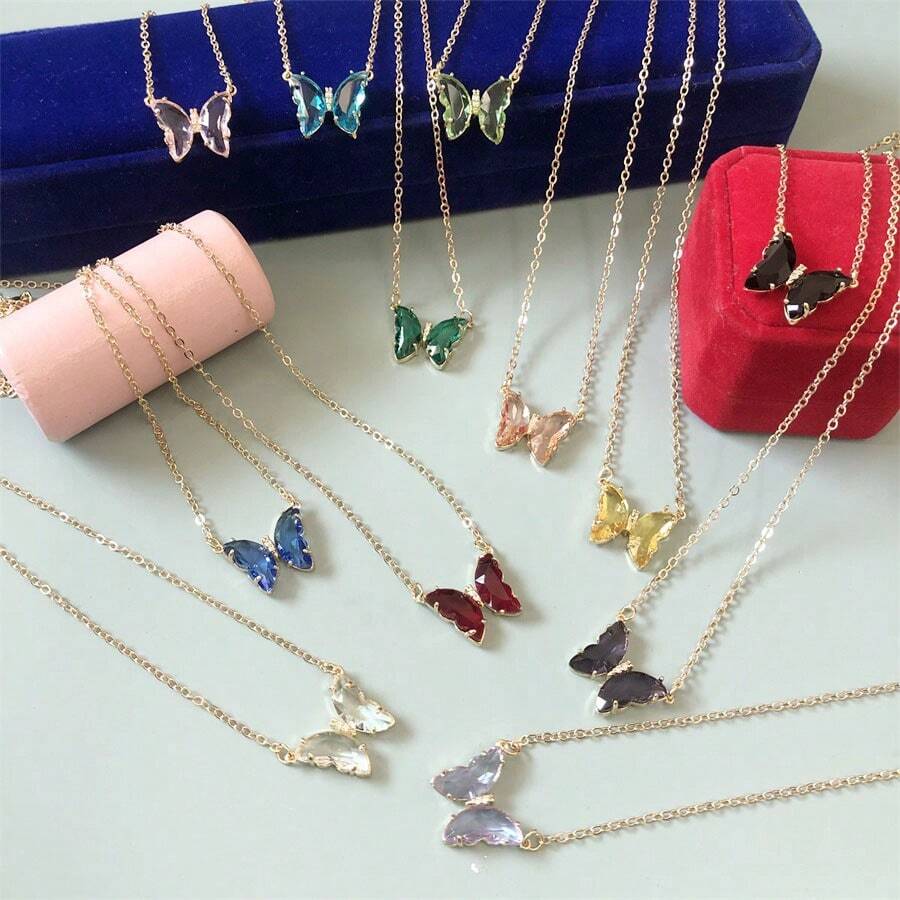 1pc Summer Fashionable Holiday Versatile Crystal Butterfly Pendant Stainless Steel Chain Necklace, Waterproof, Fade-Resistant, Premium For Women