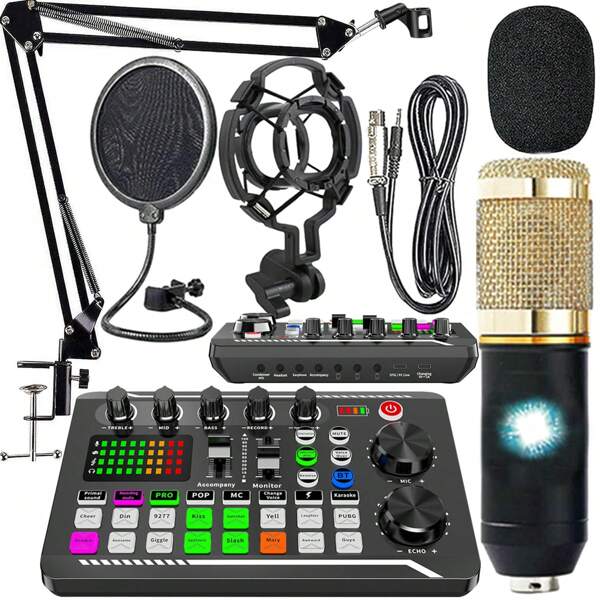 Paquete de equipo profesional para podcast - Kit de inicio con micrófono de condensador, montaje de estudio de grabación con filtro antipop y soporte de choque, kit de micrófono para podcast con cambiador de voz en tiempo real, tarjeta de sonido de audio en vivo para PC/computadora, perfecto para vlogs, juegos, karaoke, estudio en casa