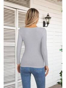 Womens Fashion Fall Cutout Long Sleeve Ribbed Slim Fitted Tops Shirts Tee Tshirts - Long-grey - View 4