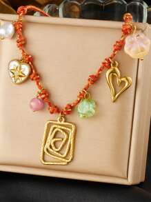 1 Creative, Personalized, Multi Colored Braided Rope Chain Necklace With Gold-Plated Circle, Geometric Shape, Sun Flower, Conch Pendant, Stainless Steel Collarbone Chain