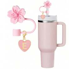 2 件/套心形和字母花卉可重复使用吸管盖，粉色杯字母标记，以及硅胶花卉吸管盖，适合 10 毫米大直径吸管，现代简约玻璃杯的可爱字母配件