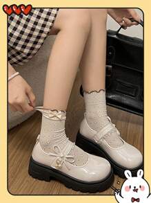 女士厚底厚底乐福鞋/黑色搭扣蝴蝶结小皮鞋，2025春季新款复古英伦风JK玛丽珍鞋哥特鞋/珍珠装饰/低跟鞋/哥特风/厚底乐福鞋/女士平底乐福鞋 - 米色 - 查看 4