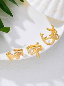 2pcs Metal Ocean Series Rings Set, 3D Starfish And Shell Adjustable Rings For Women, Suitable For Ball, Party, Holiday Wear, Girlfriends' Date Gift