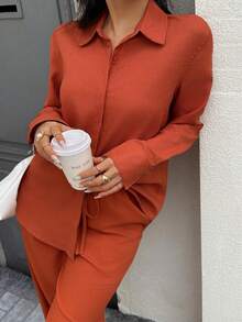 Seelio Spring/Summer New Arrival Lightweight Linen Shirt And Wide Leg Pants Set For Women - Orange - View 2