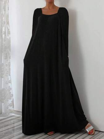 时尚纯色宽松方领长袖休闲修身连衣裙，百搭日常穿着，秋冬