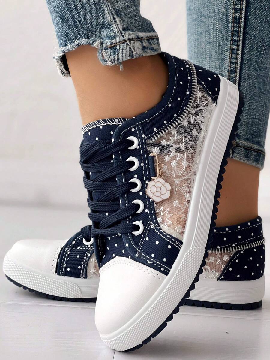 Women's Navy Blue Flower Decor Lace Mesh Low Top Sneakers, ChicMe Essence Autumn/Winter New Round Toe Lace Up Zipper Accent Ladies Casual Fashion Skate Shoes - 深藍色 - 查看 1