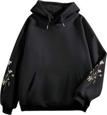 Women's Floral Printed Hoodies Vintage Aesthetic Flower Graphic Sweatshirt Cute Boho Fleece Thermal Hoodie Pullover - 黑色 - 查看 2