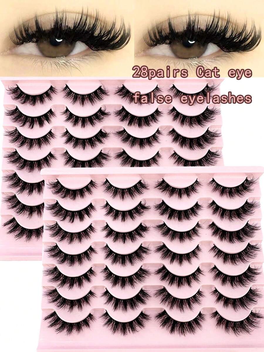 LYBCG New 28pairs Faux Mink 8D Volume Cat-Eye False Lashes Russian Fluffy Strip Lashes Fluffy Eyelashes Thick Soft Curly Fake Lashes Makeup Halloween 14mm Short Mink Eyelashes For Cosplay Manga Cat False Lashes - 黑色 - 查看 1