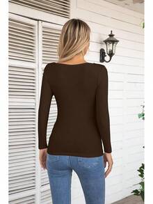 Womens Fashion Fall Cutout Long Sleeve Ribbed Slim Fitted Tops Shirts Tee Tshirts - 長咖啡 - 查看 4