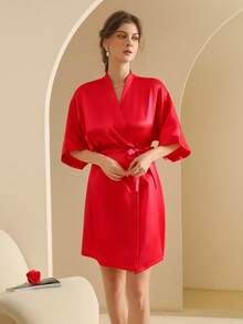 Women's Silk Nightgown Wedding Dressing Robe Lightweight Cardigan Robe Bridal Morning Robe Friend's Robe, Suitable For Home And Hotel Wear. - Bright Red - View 2