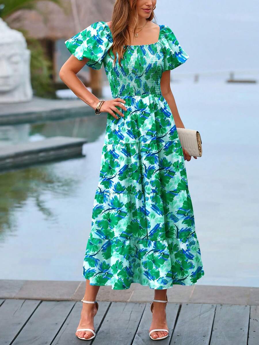 Women's Casual Summer Midi Dress Puffy Short Sleeve Square Neck Smocked Tiered Ruffle Dresses - 綠色花 - 查看 1