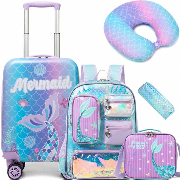 5 PCS Cute Carton Luggage Backpack For Girls Students With Wheels Travel Bag For Kids Girls Suitcase Children Back To School