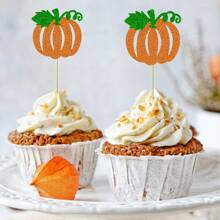 12/24 PCS Pumpkin Cupcake Toppers Glitter Fall Theme Cupcake Picks Pumpkin Themed Shower Birthday Thanksgiving Halloween Party Cake Decorations Supplies Orange