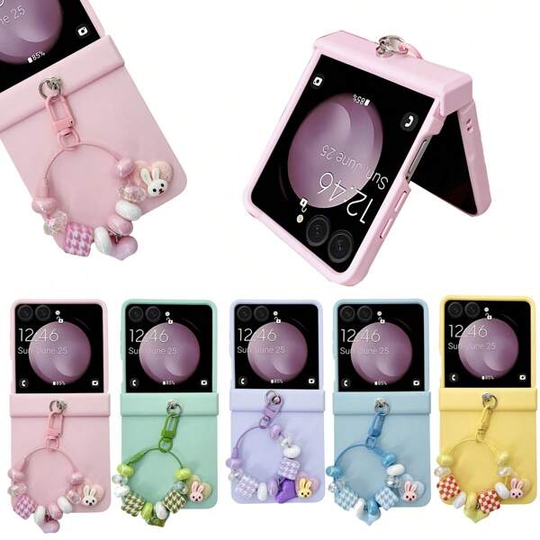 keshengtai 1 pieza Funda de teléfono de color caramelo con bisagra y cubierta completa, compatible con Samsung Galaxy Z 6 5 4 3 5G, con 1 pieza de pulsera de corazón de conejo