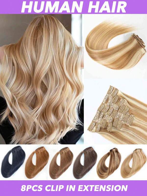 Set de 8 extensiones de cabello clip-in de cabello humano brasileño Remy | 18 clips, 16 18 20 22 pulgadas rectas, multicolor [#1B #2 #4 #8 #30 #613 #4/27 #12P613], opciones de peinado versátiles, apariencia lisa, fijación de clips segura