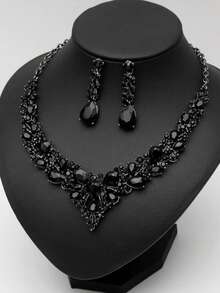 3pc [Artificial Crystal Jewelry] Artificial Crystal Bridal Jewelry Set | Necklace Earrings | Wedding Party Costume Accessories Ladies Gift - 黑色 - 查看 1