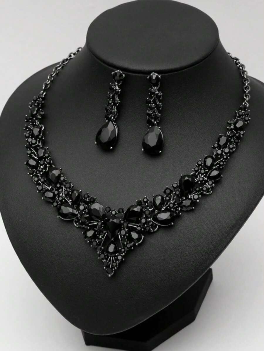 3pc [Artificial Crystal Jewelry] Artificial Crystal Bridal Jewelry Set | Necklace Earrings | Wedding Party Costume Accessories Ladies Gift - 黑色 - 查看 1