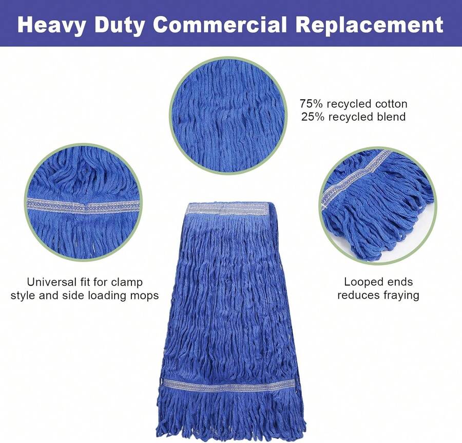 3-Pack Heavy Mop Replacement Head,Commercial Industrial Grade Blue Cotton Ring Heads,Cotton Looped End String Cleaning Mop Head Refill,Applied To Mop Of Clamping Side-Loading Handles,7658824 - Blue - View 1