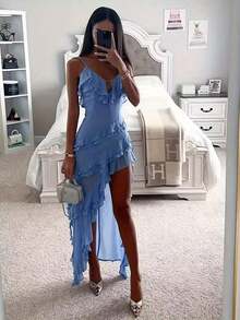 Sexy Women's Halter Neck V-Neck Asymmetrical Hem Summer Dress - Lightweight Solid Color Evening Gown For Parties, Beach & Formal Events, Beach Dresses, Party Evening Wear, No Stretch Fabric, Hand Wash Only, Adult Clothing