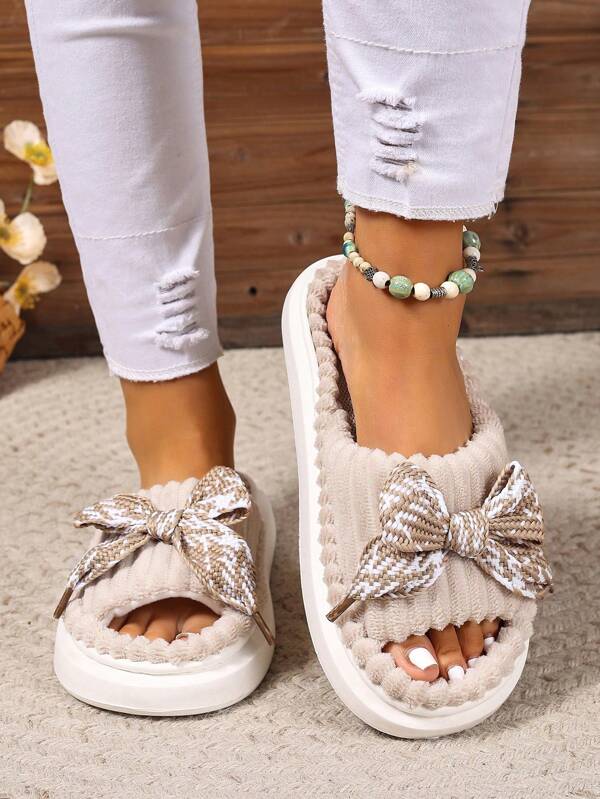 Women's Comfortable Open Toe Slippers, Breathable Non-Slip Thick Sole, Suitable For Indoor Use, Fashion Casual Solid Color Bow Home Shoes