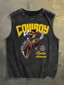 Western  Model! Sleeveless T-Shirt Cowboy Riding Pattern, "Rodeo Dreams" Text, Washed With Old Water, Made Of Pure Cotton Material, Creating A Sense Of Western Cowboy ! - Black - View 1