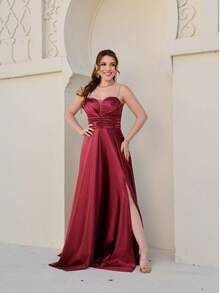 Long Party Dress With Satin Fabric And Slit For Bridesmaids Wedding - 紅木色 - 查看 1