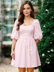Vestido Corto de Escote Cuadrado con Manga Abullonada Casual para Mujer - Rosa Pálido - Ver 1
